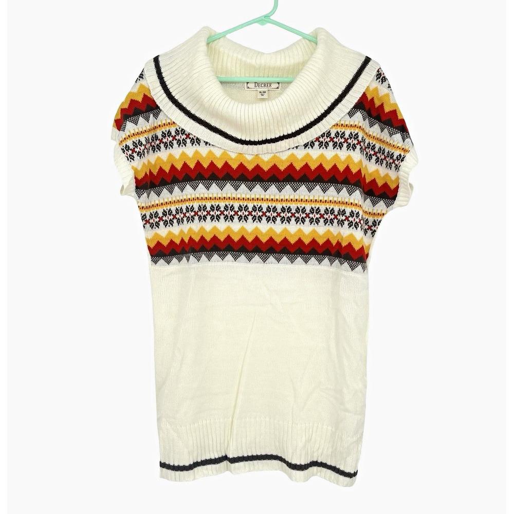Decree Womens XL Sweater Tunic Fair Isle Cowl Neck Short Sleeve NWT $42 Boho